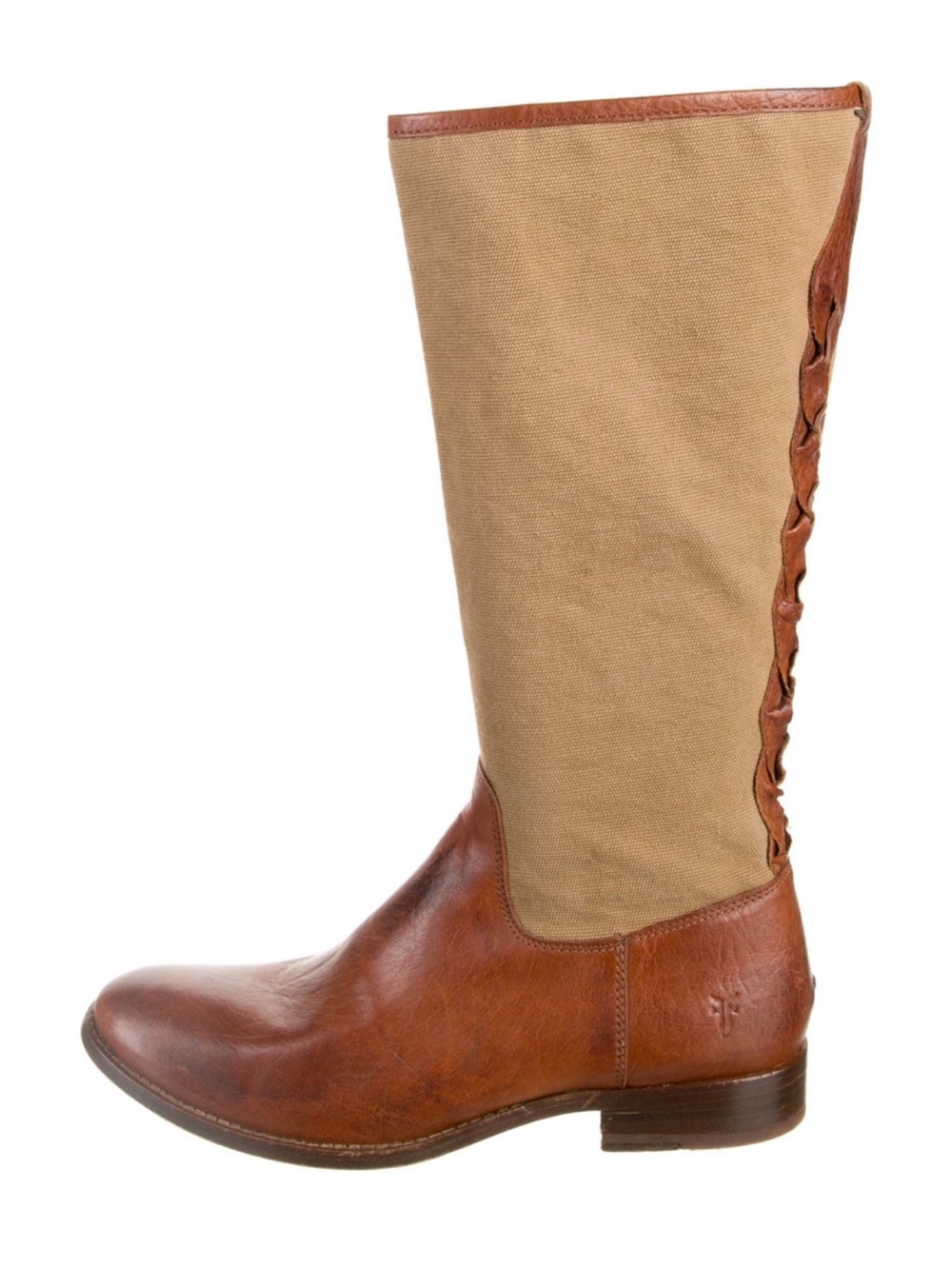 Vintage Frye Brown Leather & Tan Canvas Over-riding boots with braided detail